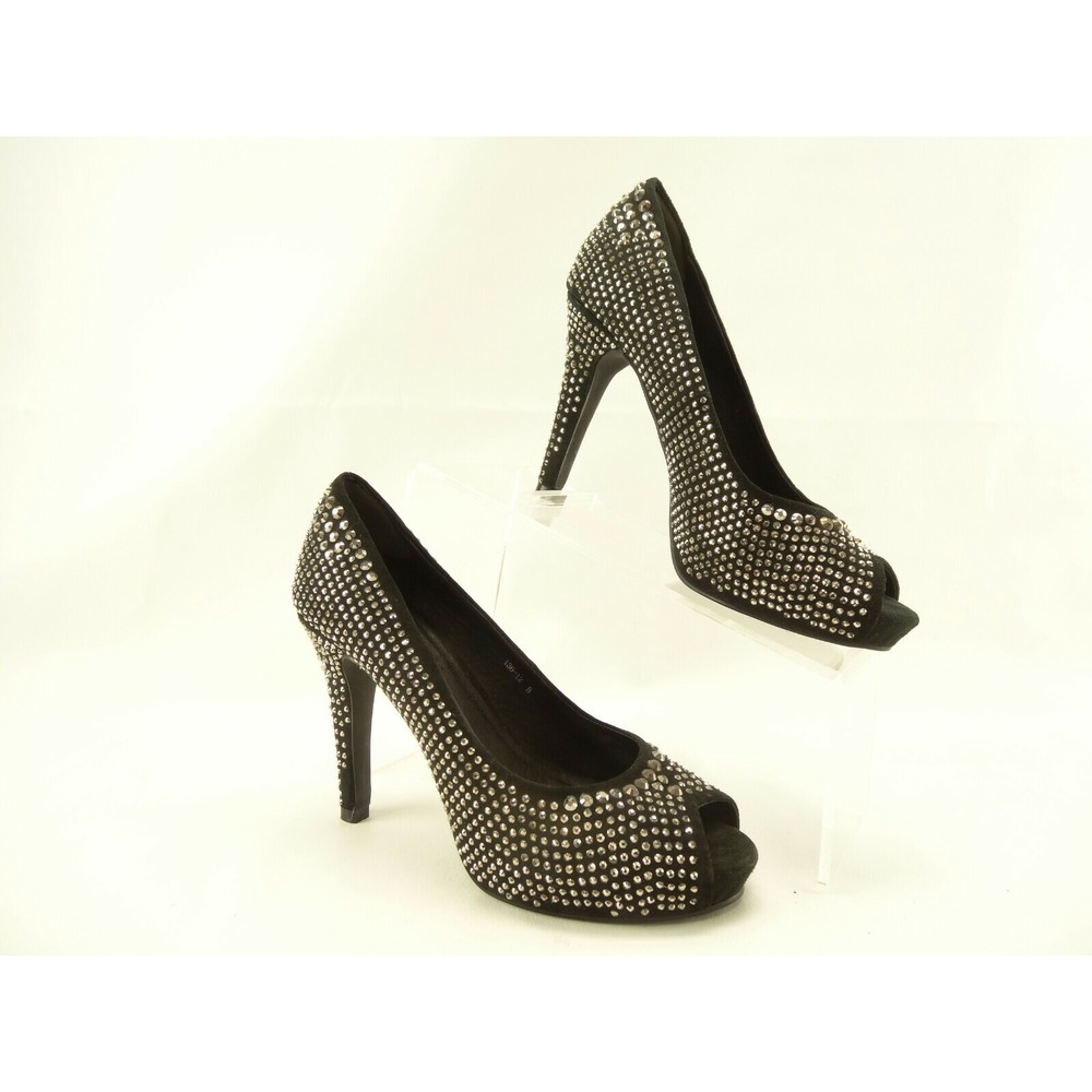 HADARI SZ‎ 8 BLACK JEWELED STUDDED BACK ZIP HEELS PEEP TOE SHOES 136-12